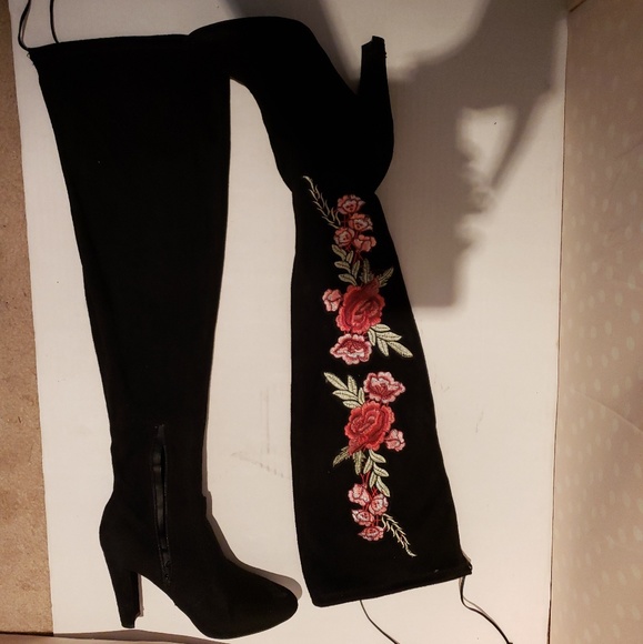 Tall Black Velvet Flower Boots 